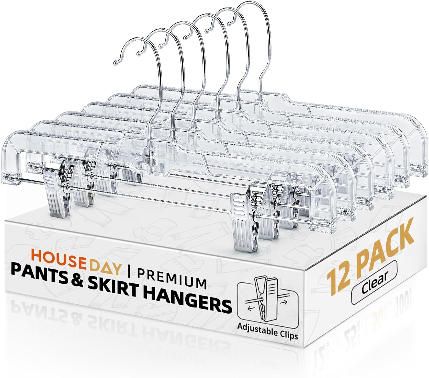 Detalle de HOUSE DAY 12 Pack 14-inch Clear Plastic Skirt & Pants Hangers with Adjustable Clips (360° Swivel Hook)