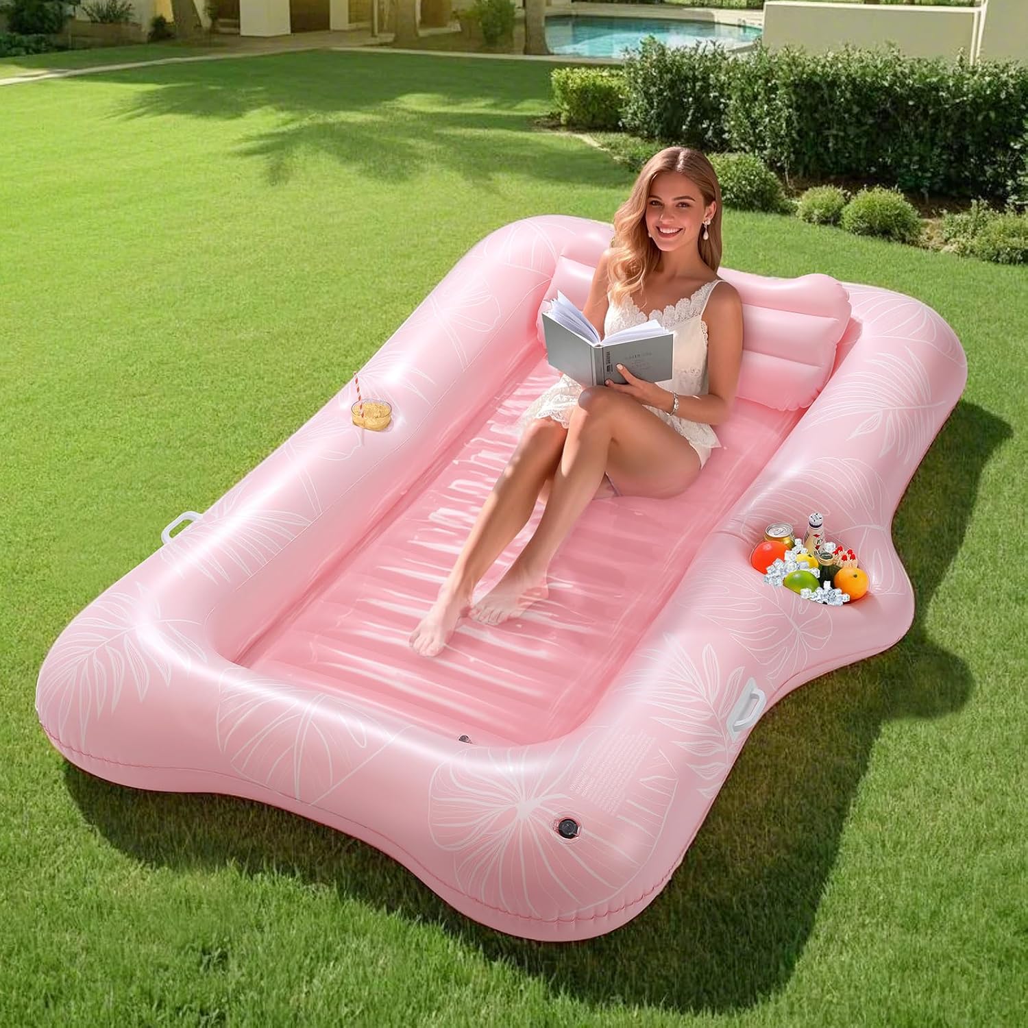 Detalle de MoKo Pool Floats Adult: Large Floating Bed with Ice Bar, Drink Holder & Tanning Chair