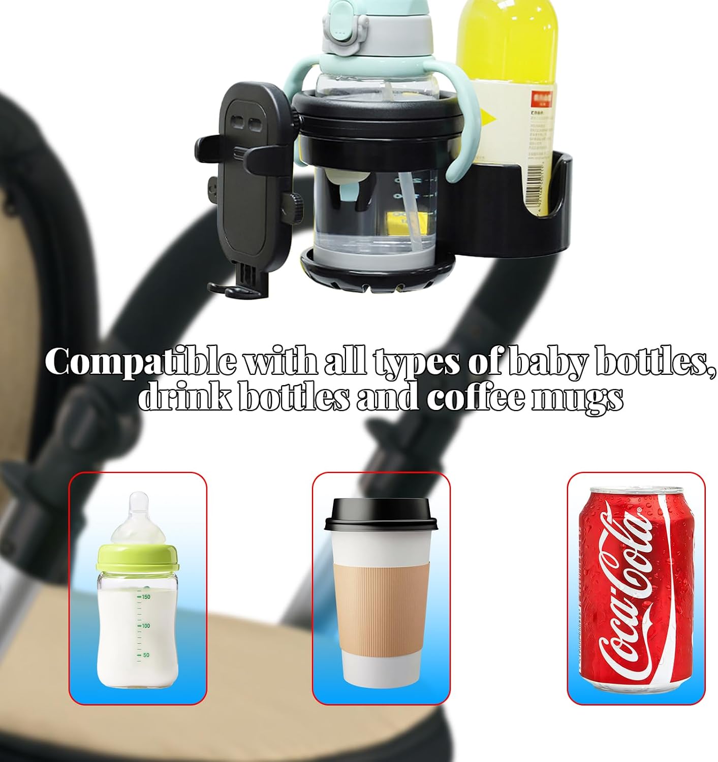 Thumbnail 6 de Universal Stroller Cup Holder Attachment with Phone Holder (3 in 1) for Prams, Pushchairs, Bikes, Wheelchairs, Walkers & Scooters