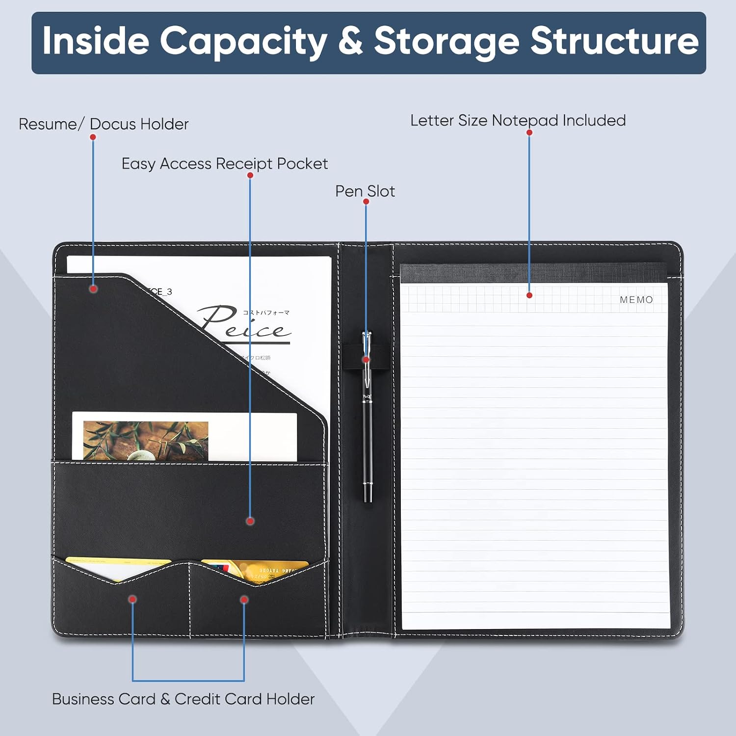 Detalle de Pacific Mailer Faux Leather Padfolio with Matte Finish and Writing Pad