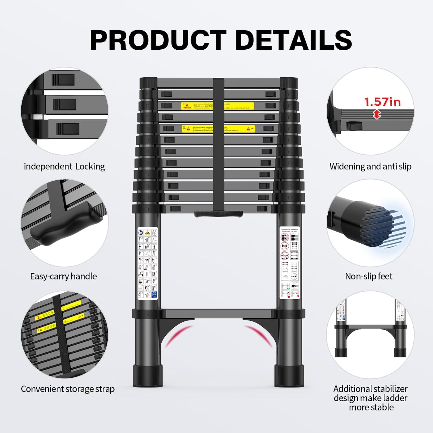 Detalle de POONO SZ-12.5FT Telescoping Aluminum Ladder, 330 lb Capacity