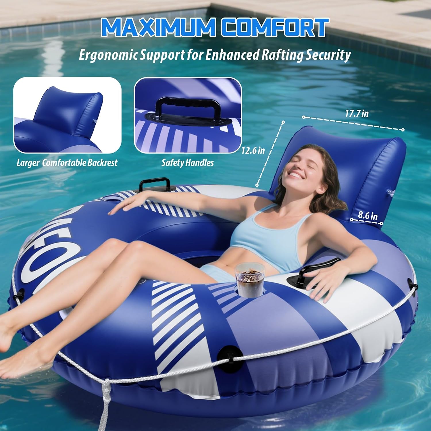 Detalle de PAFOLO 53” Heavy-Duty Pool Floats for Adults with Headrest, Mesh Seat, Grab Rope, Cup Holders and Dual-Seal—Ideal River, Lake, Pool
