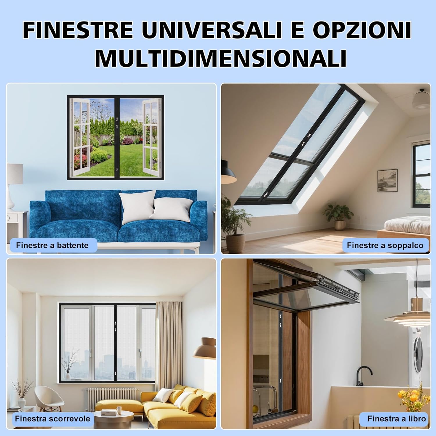 Thumbnail 3 de Zanzariere per Finestre con Cerniera Bidirezionale e Nastro Adesivo Trasparente 85x125 cm – PP Antizanzare Lavabili e Riutilizzabili, Nero