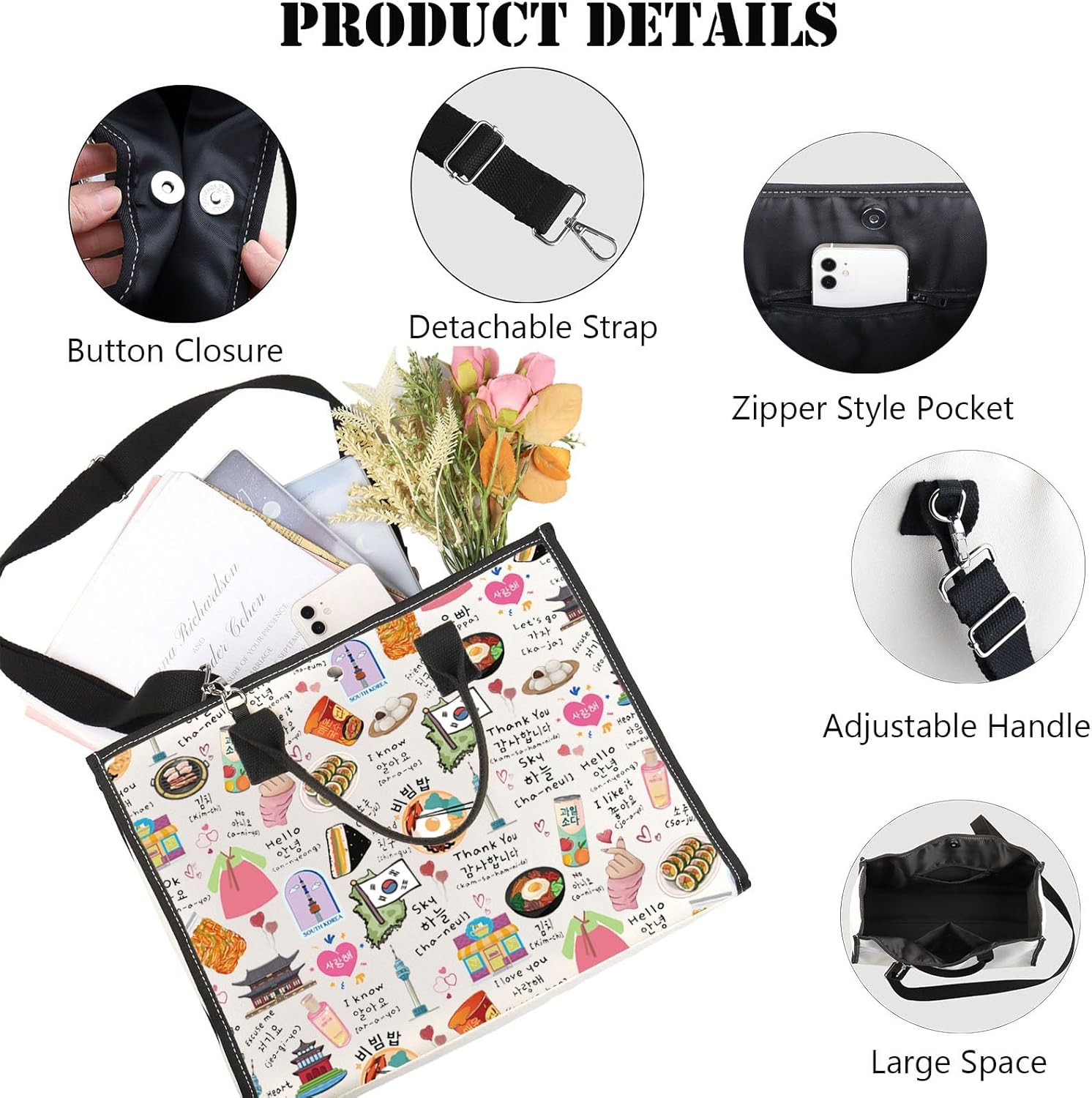 Detalle de MYSOMY Korean Tote Bag — Seoul Shoulder Bag for Travel, K-Drama & K-Pop Fans