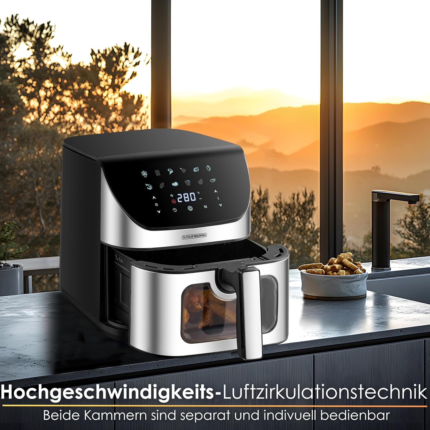 Detalle de Heißluftfritteuse mit Sichtfenster – 8 Liter, 4-in-1, 60-Minuten-Timer, 60–200°C