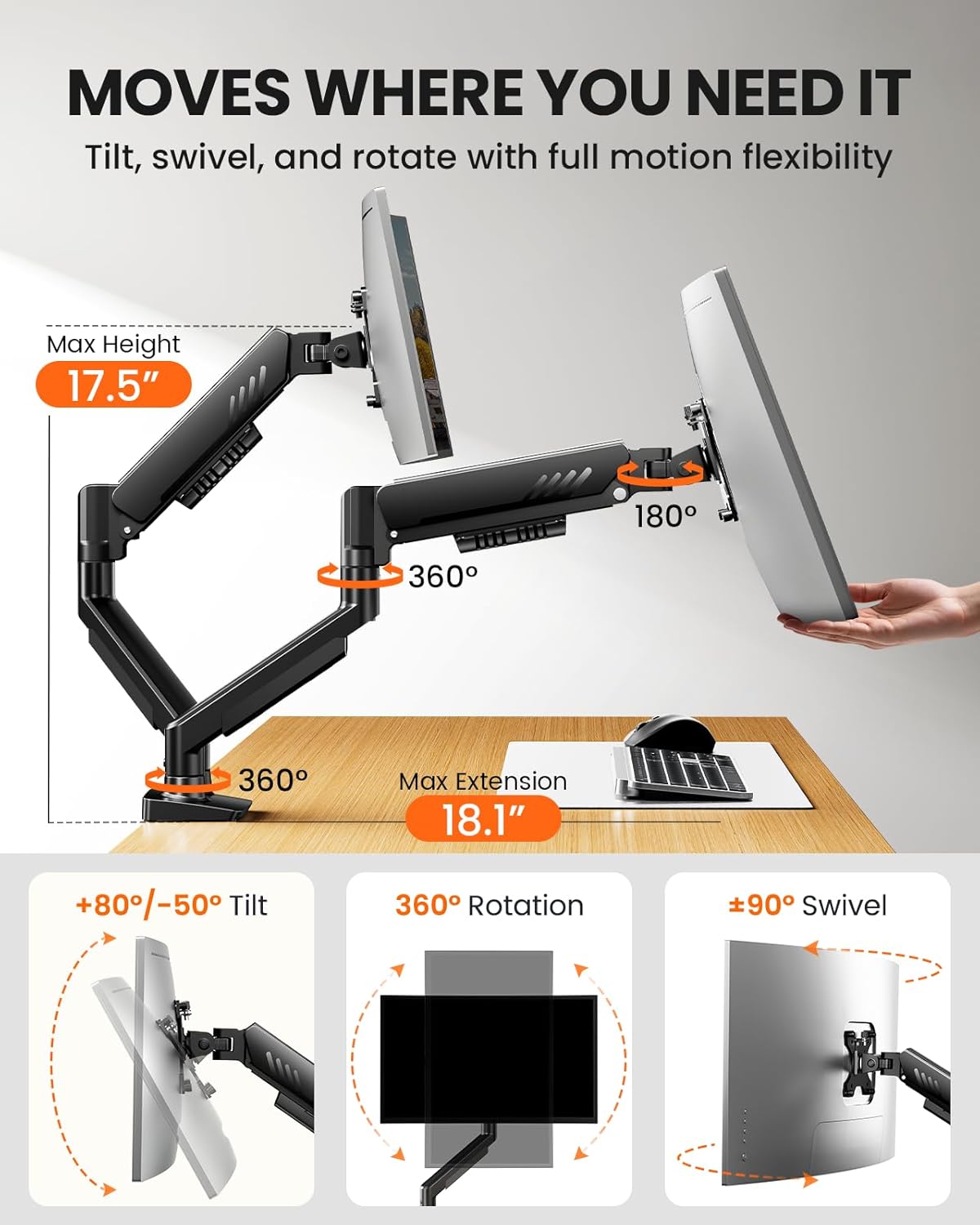 Detalle de ErGear Dual Monitor Arm: Full-Adjust, Tool-Free VESA Mount for 13–32" Screens