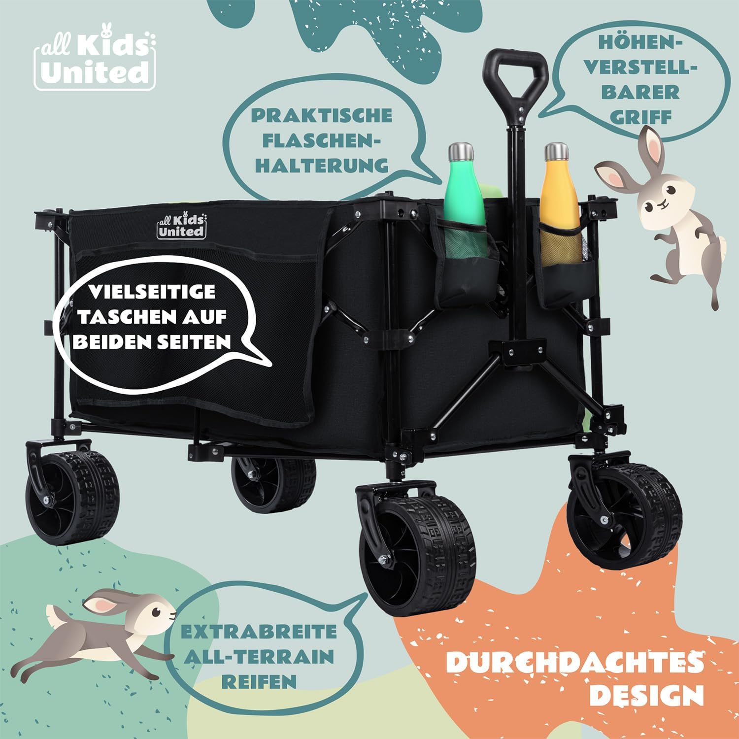 Thumbnail 2 de Faltbarer Bollerwagen Transportkarre (Strand-Buggy bis 90 l, 150 kg) mit XXL Geländerädern, Bremse & verstellbarem Griff – Schwarz