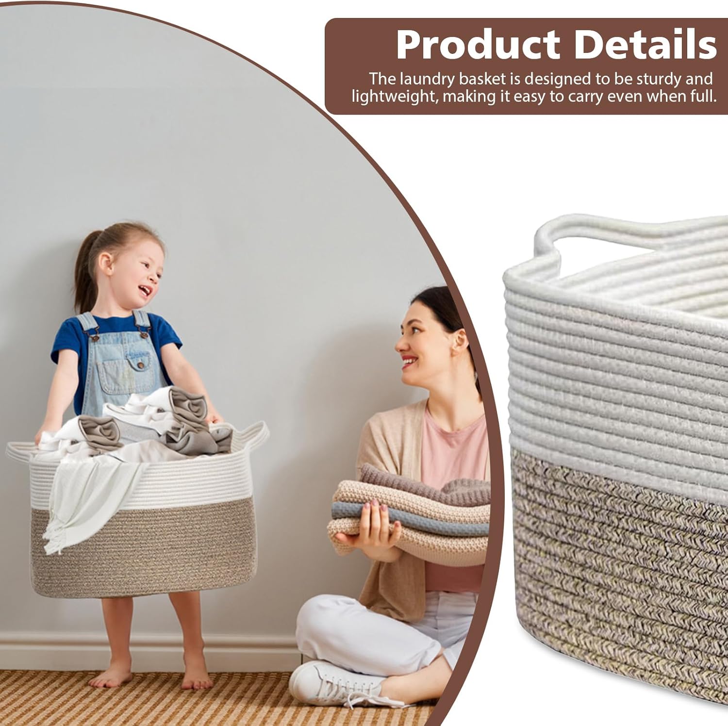 Detalle de Large Foldable Woven Cotton Laundry Basket with Handle (Brown & White), 55 x 38 x 30cm