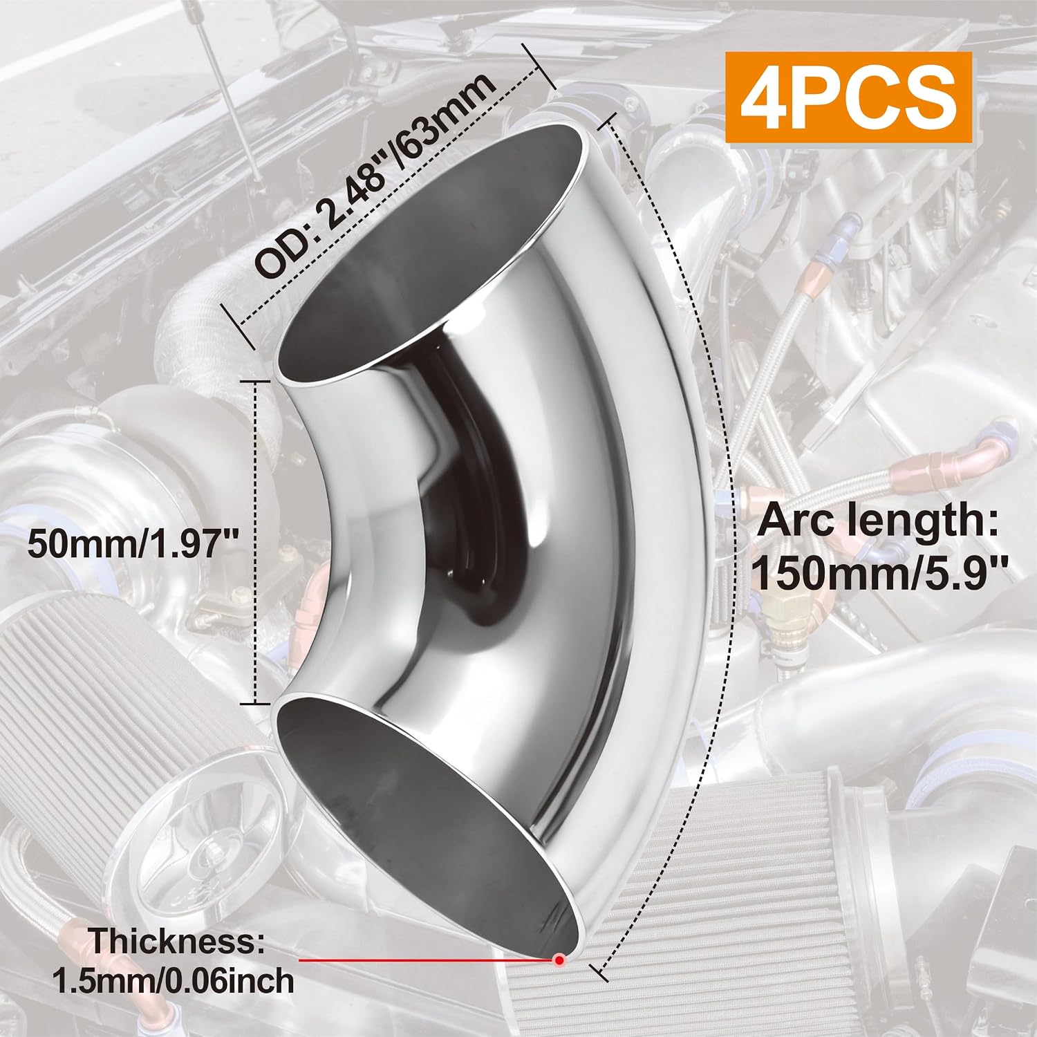 Thumbnail 1 de 4PCS 2.5" 90° Mandrel Bend Stainless Steel Elbow (OD 63.5mm) – 304 Grade for Exhaust, HVAC and Custom Fabrication