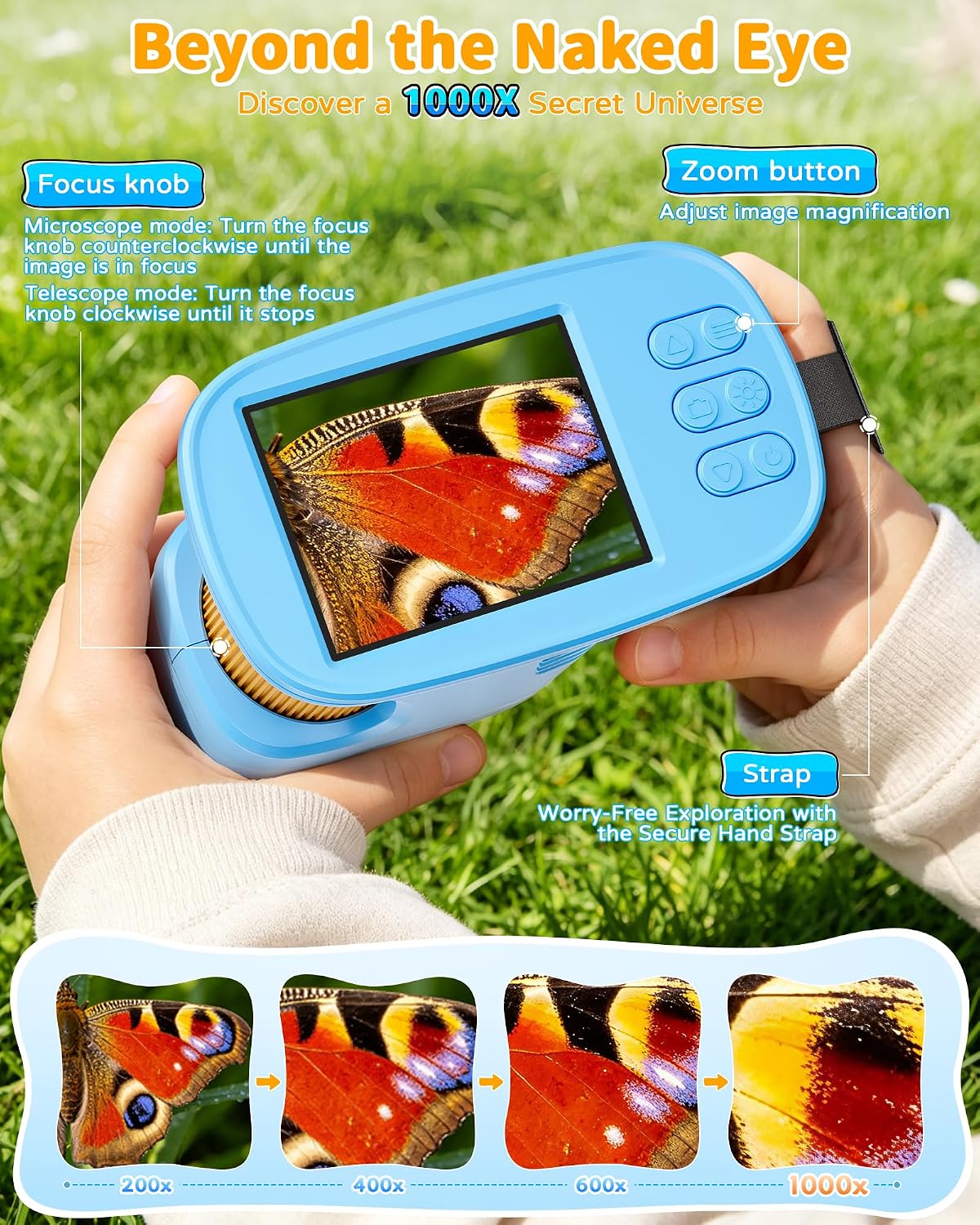 Detalle de Kids Borescope 1000X Handheld Microscope for Kids with 2.4-Inch IPS Screen and 12 Slides