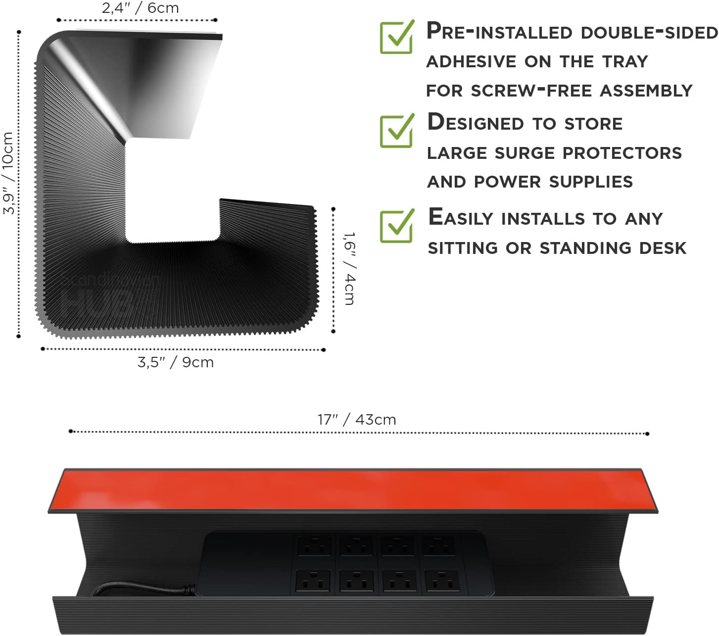 Thumbnail 5 de Scandinavian Hub No-Screw Under Desk Cable Management Tray (Black) — Self-Adhesive Set of 2