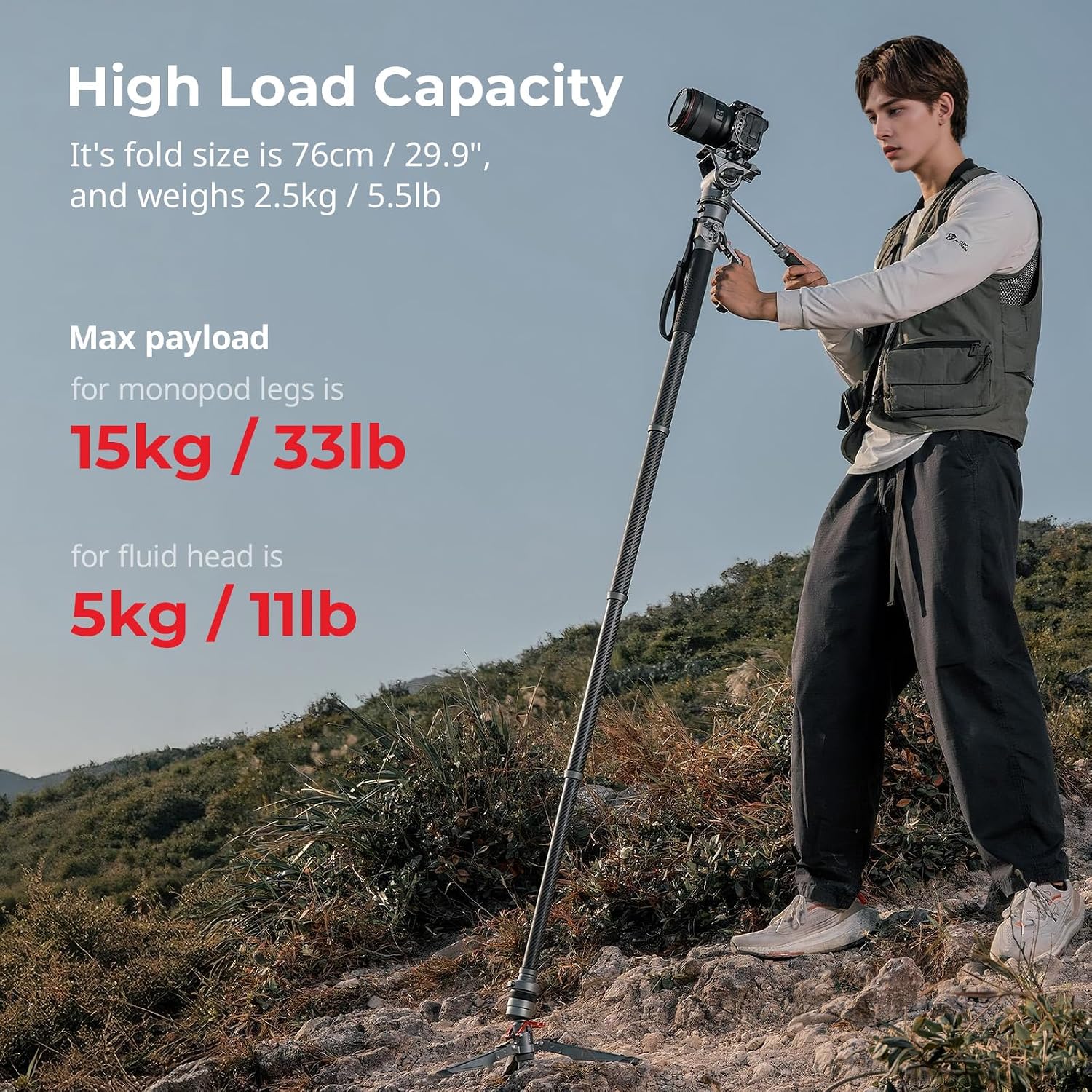 Detalle de SMALLRIG Carbon Fiber Video Monopod Pro 175 cm – kompaktes Videostativ mit Ein-Knopf-Heben & Verriegelung