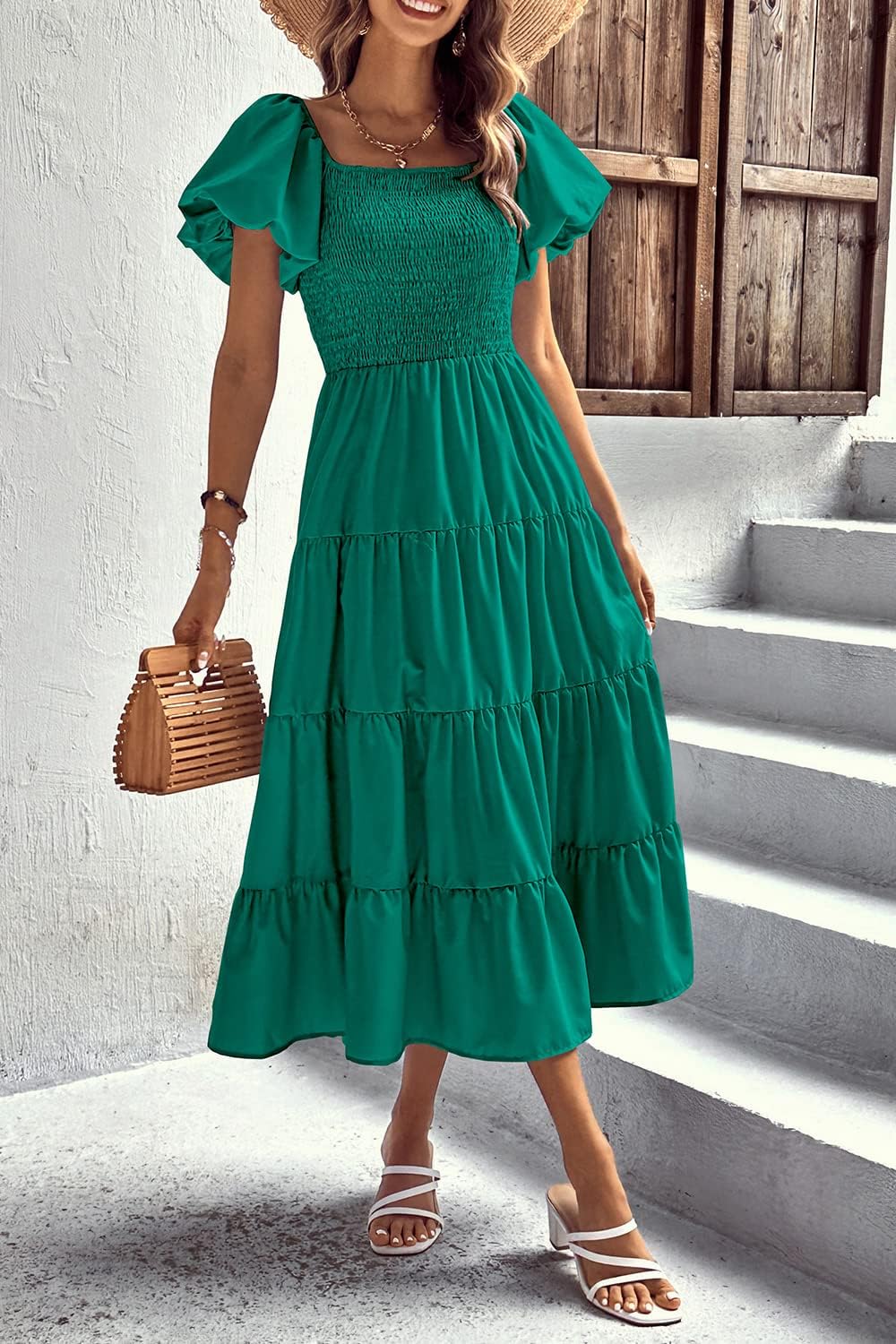 Thumbnail 6 de PRETTYGARDEN Women's Casual Summer Midi Dress with Puffy Short Sleeves, Square Neck, Smocked Tiered Ruffle