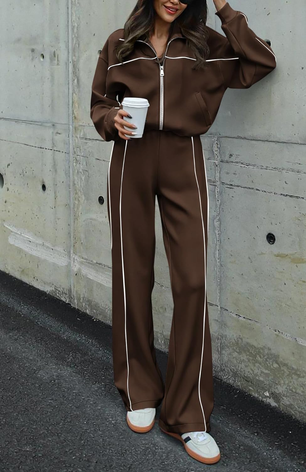 Detalle de BTFBM Women's Two Piece Tracksuit - Fall 2026 Long Sleeve Zip Up Sweatshirt & Wide Leg Pants
