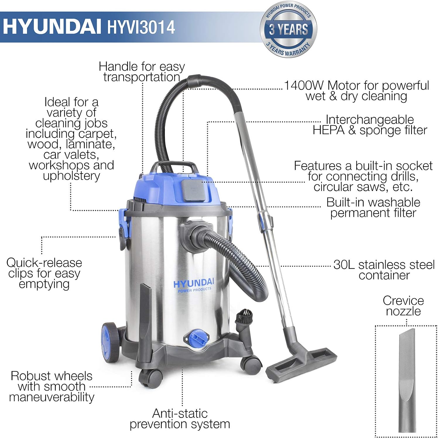 Thumbnail 2 de Hyundai 1400W 30L 3-in-1 Wet and Dry Vacuum Cleaner (HEPA-type filtration) – 19kPa suction, 4.5m cable