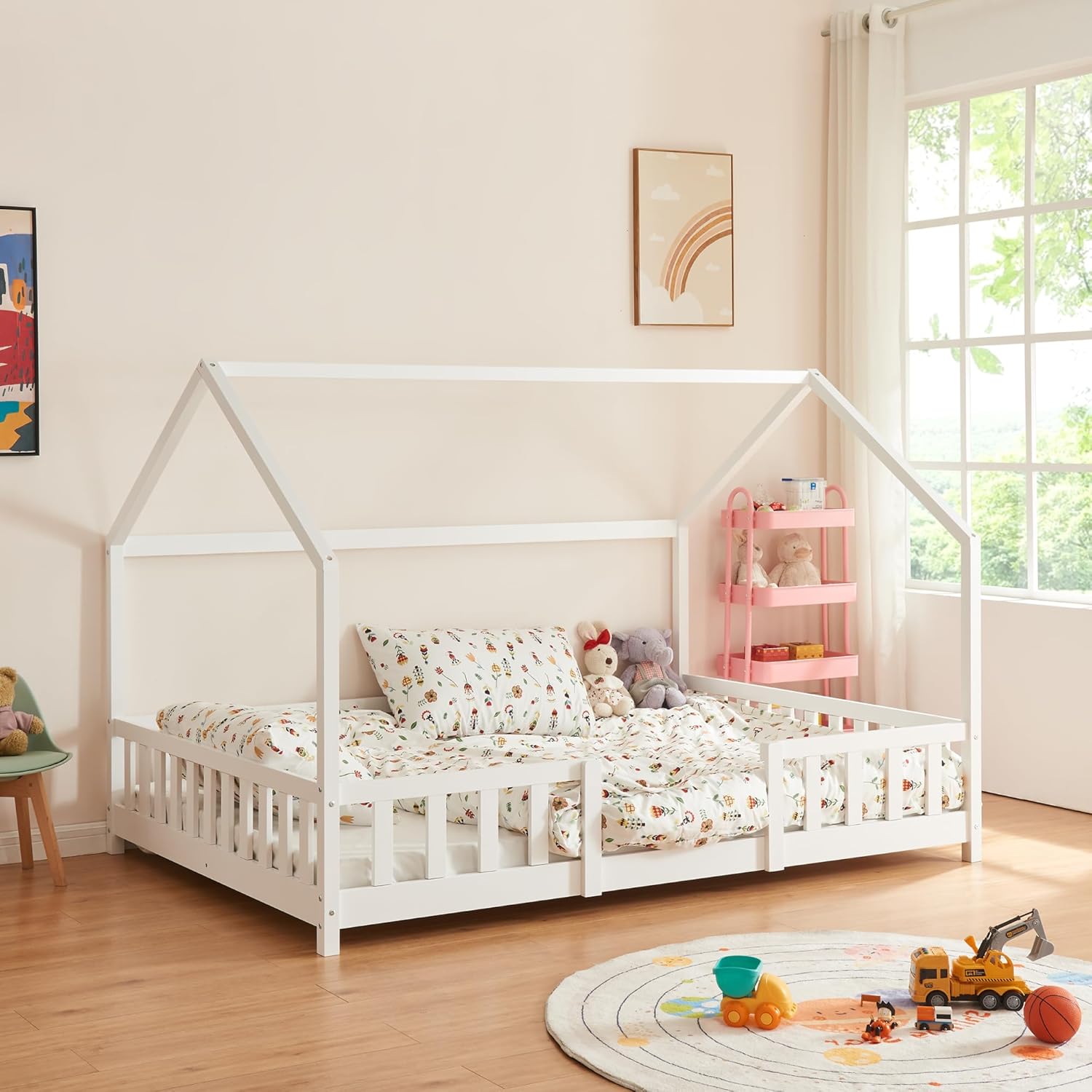 Detalle de en.casa Kinderbett Sisimiut Hausbett Montessori 140 x 200 cm – Kiefernholz, Weiß Matt