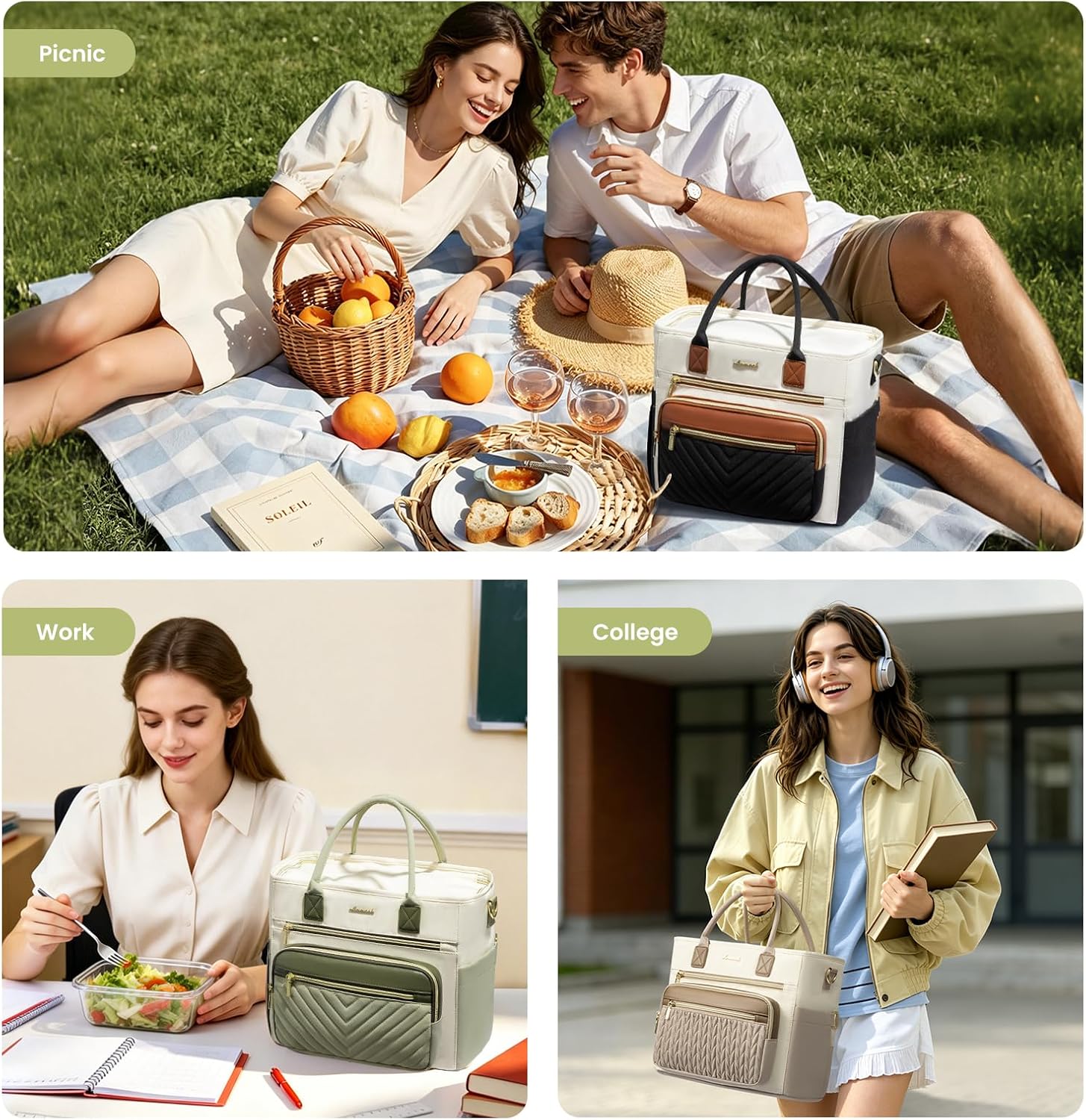 Detalle de LOVEVOOK Insulated Lunch Bag for Women with Wide Opening — Large 13L/18L, Leakproof Cooler with Cup Holder Pocket