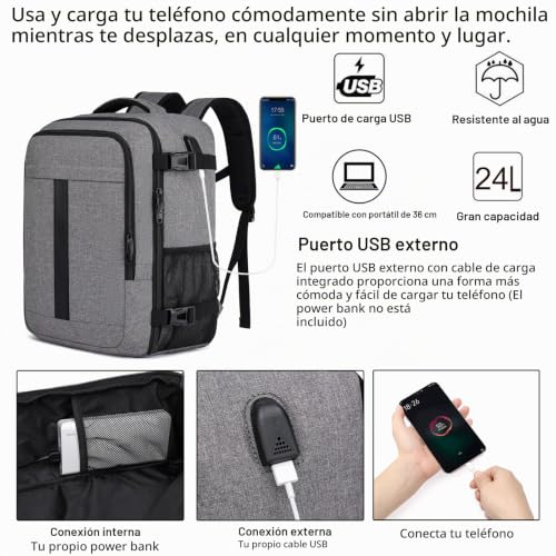 Detalle de PUSLOM Mochila de cabina 40x30x20 cm, 24 L, USB, antirrobo y funda para carrito – Gris
