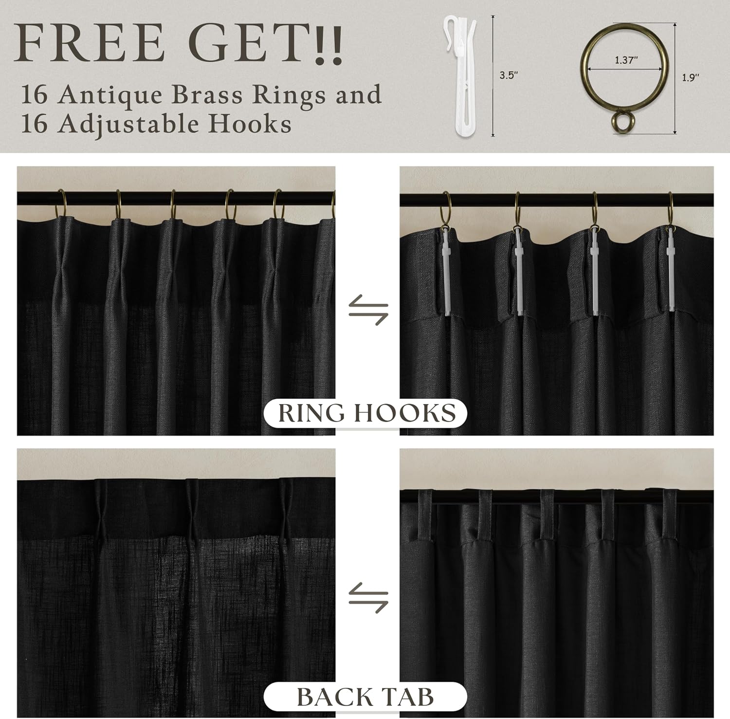 Detalle de Black Pinch Pleated Linen Curtains, 105 Inches Long (2 Panels Set) with Memory-Shaped Pleats