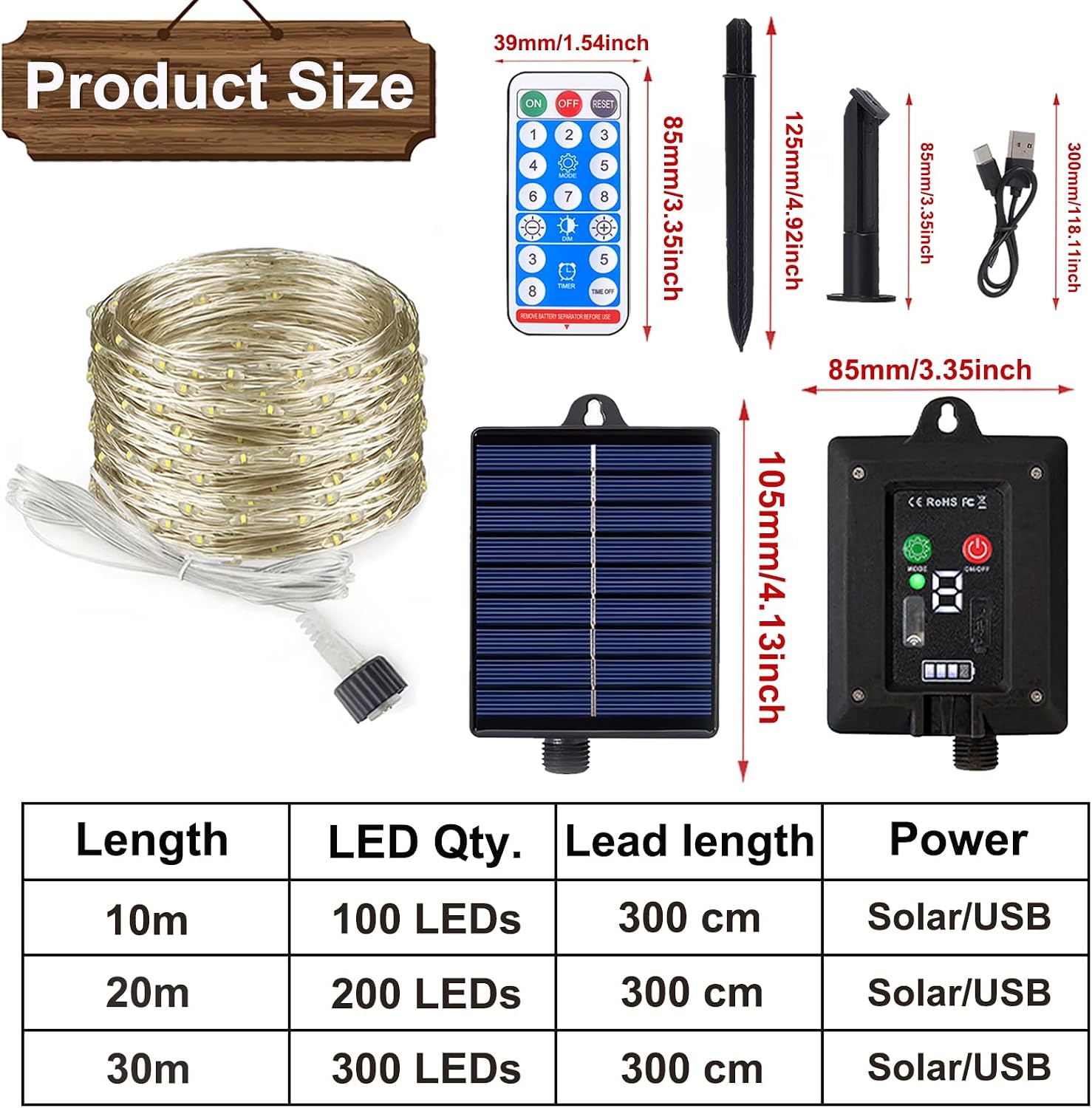 Detalle de Meision Solar Lichterkette Außen 10 m – 100 LEDs, Kupferdraht, IP65, Timer & Fernbedienung (2er Set)