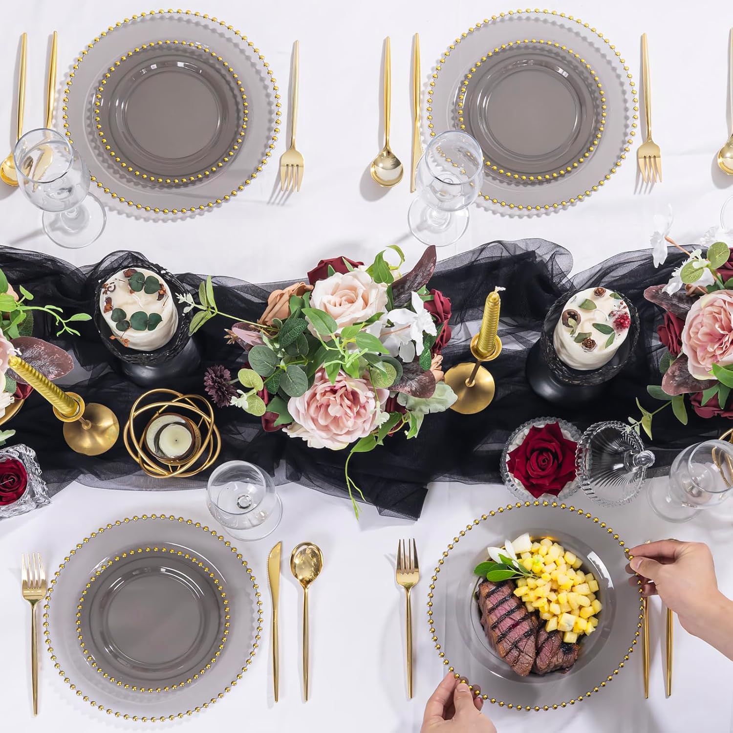 Thumbnail 5 de EI 60pcs Clear Black and Gold Plastic Plates: Heavy-Duty 10" Dinner & 7" Dessert Set
