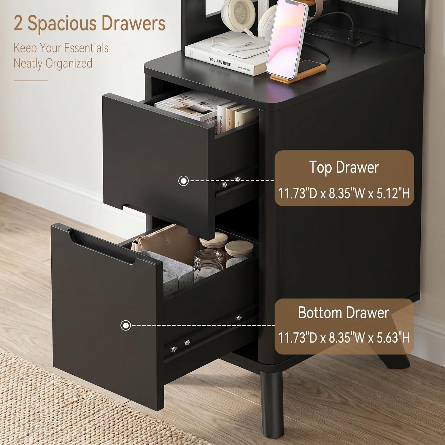 Thumbnail 5 de SOLACE FURNITURE MJZK07 Tall Nightstand Set of 2 with Charging Station