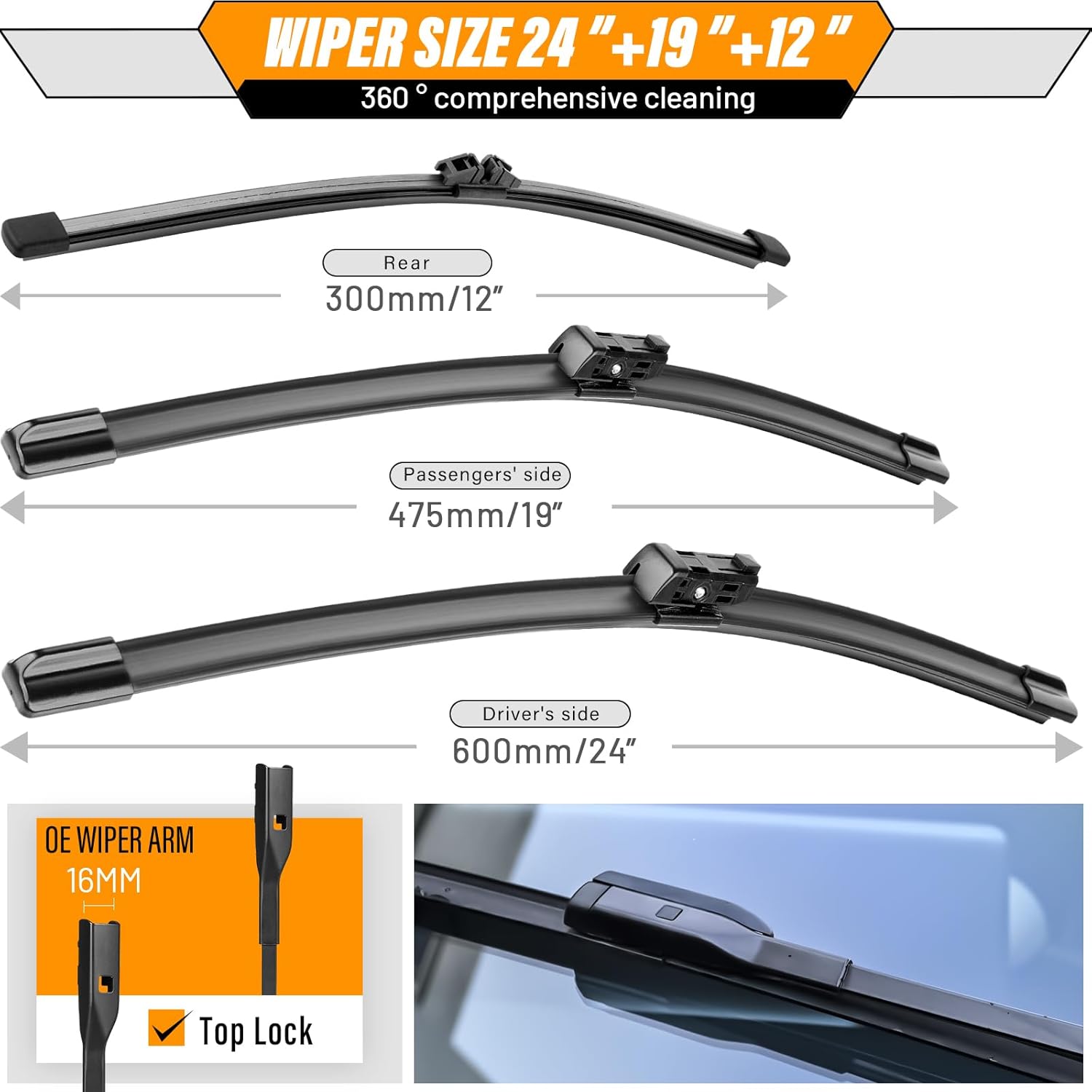 Thumbnail 2 de AUTOBOO 24" + 19" Windshield Wiper Blades Replacement for 2022–2024 Honda Civic Hatchback (Pack of 3)