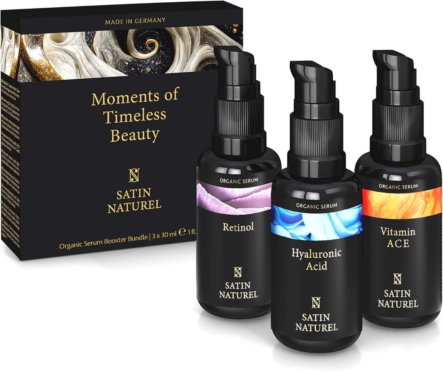 Detalle de Satin Naturel Cofanetto Regalo Donna Premium – Sieri Viso vegan 3x30ml (Acido Ialuronico, Vitamina C, Retinolo)