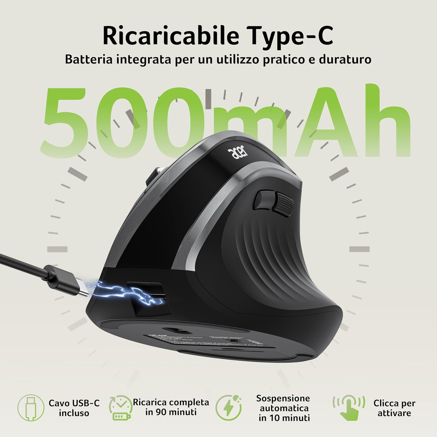 Detalle de Acer Mouse Wireless Ergonomico: Mouse verticale ricaricabile con 6 pulsanti e DPI regolabili