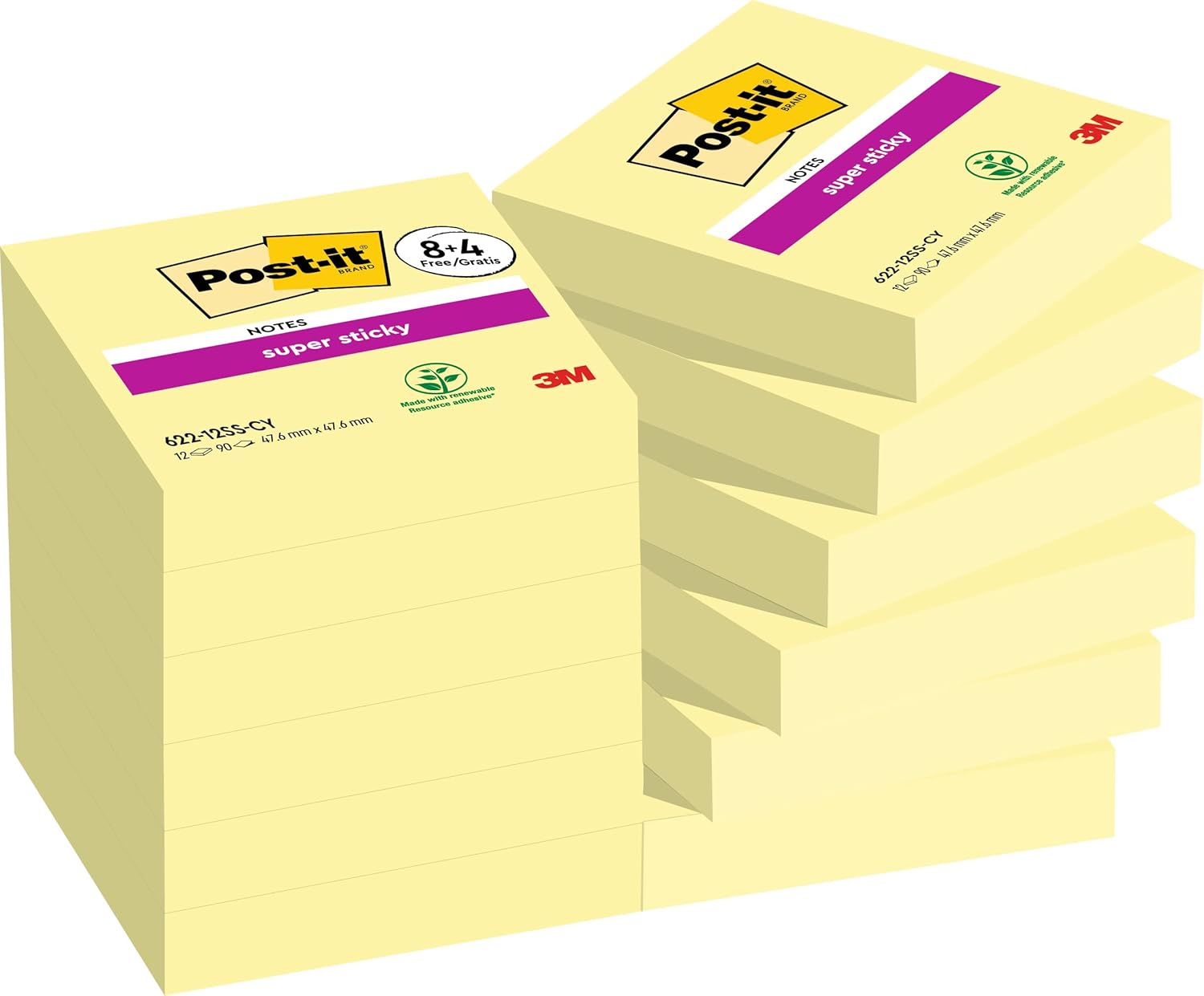 Detalle de Post-it Foglietti Super Sticky Canary Yellow – Confezione da 8 blocchetti + 4 gratis, 90 fogli/blocco