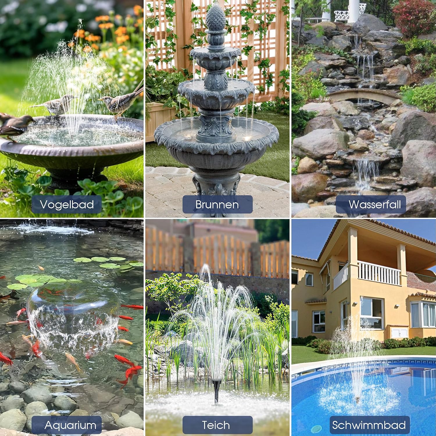 Thumbnail 6 de Biling Solar Springbrunnen für Außen – 12W Solarpumpe mit 605 l/h, 4 Düsen und 2 m Schlauch