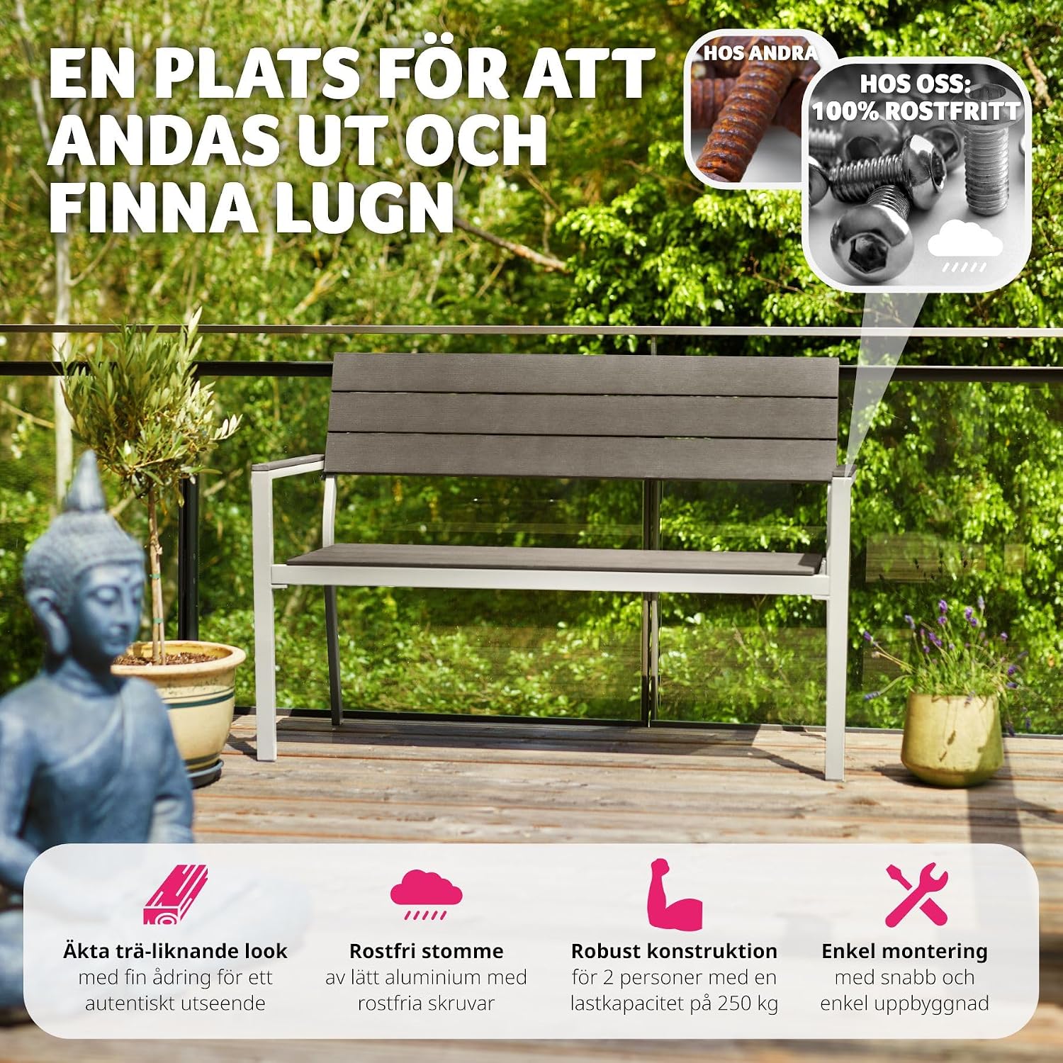 Detalle de tectake 403547-SE trädgårdsbänk för två med aluminiumram och träoptik