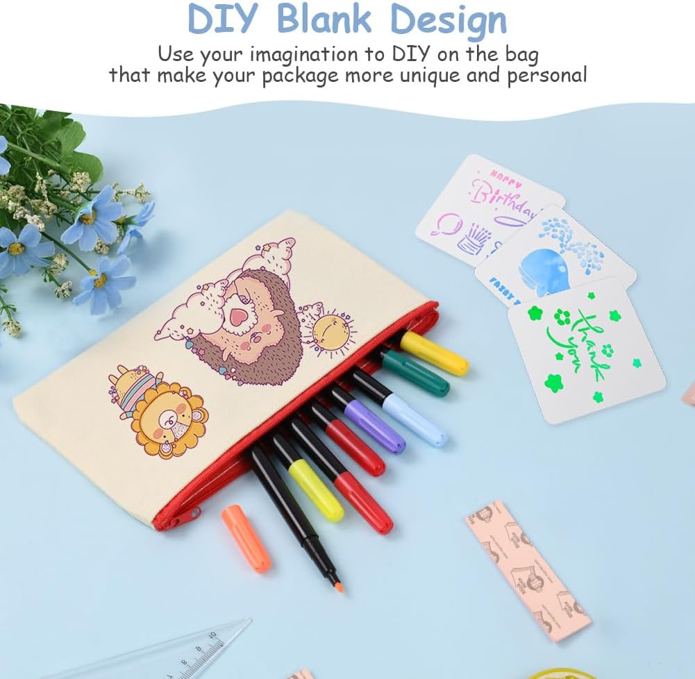 Thumbnail 6 de Vicloon Canvas Zipper Bag set – 20 DIY canvas pencil pouches with 3 doodle templates (Black & Beige)
