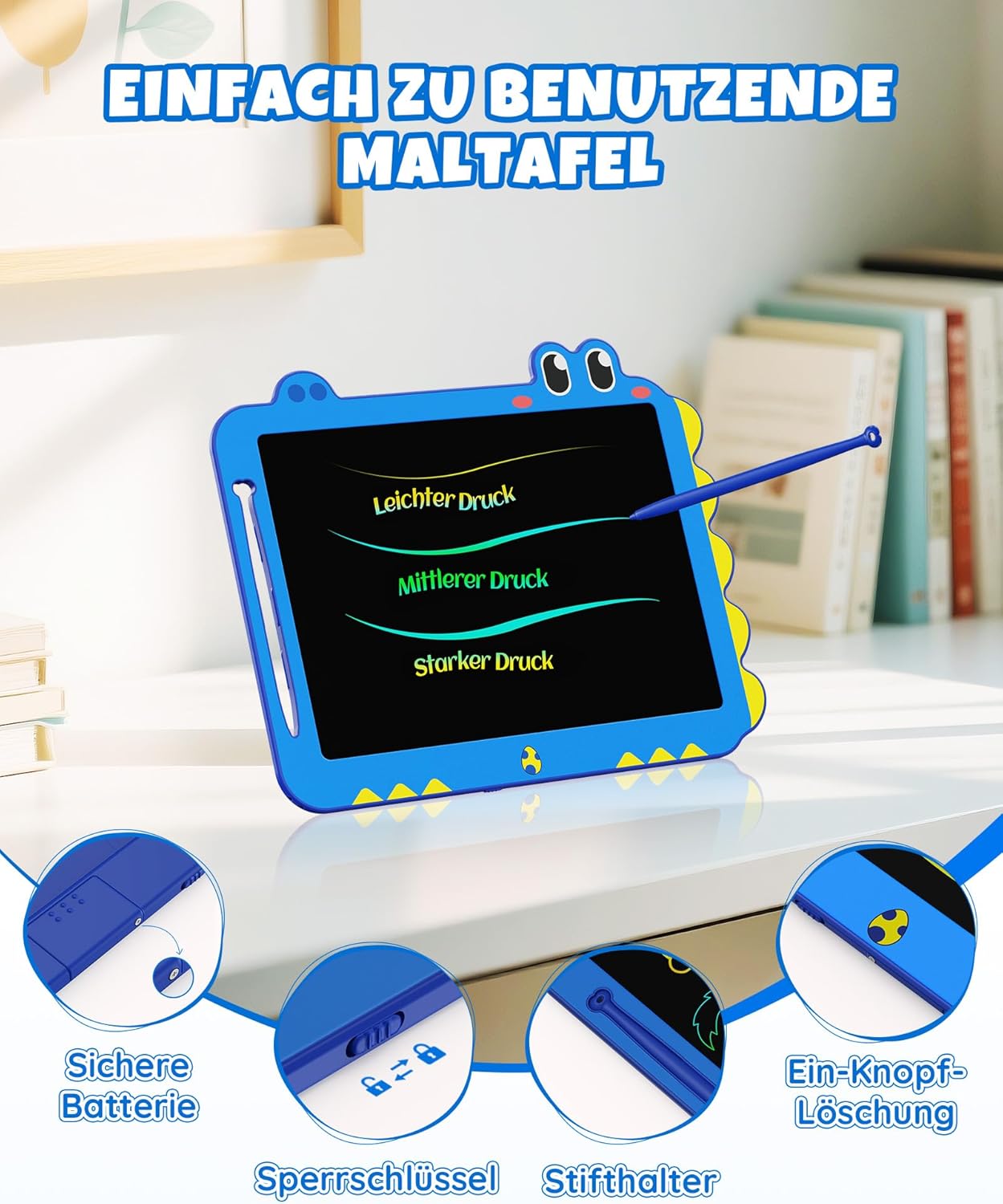 Detalle de ORSEN LCD Schreibtafel Dinosaurier Blau – 12 Zoll, ab 3 Jahren