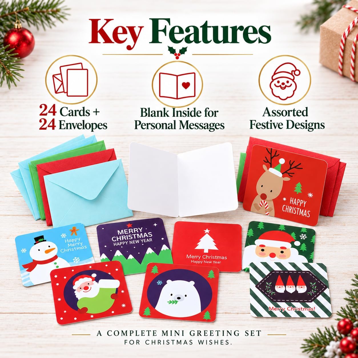 Thumbnail 3 de Naler Mini Christmas Greeting Cards, 24 Cards with Envelopes, 2.7 x 2.7 in