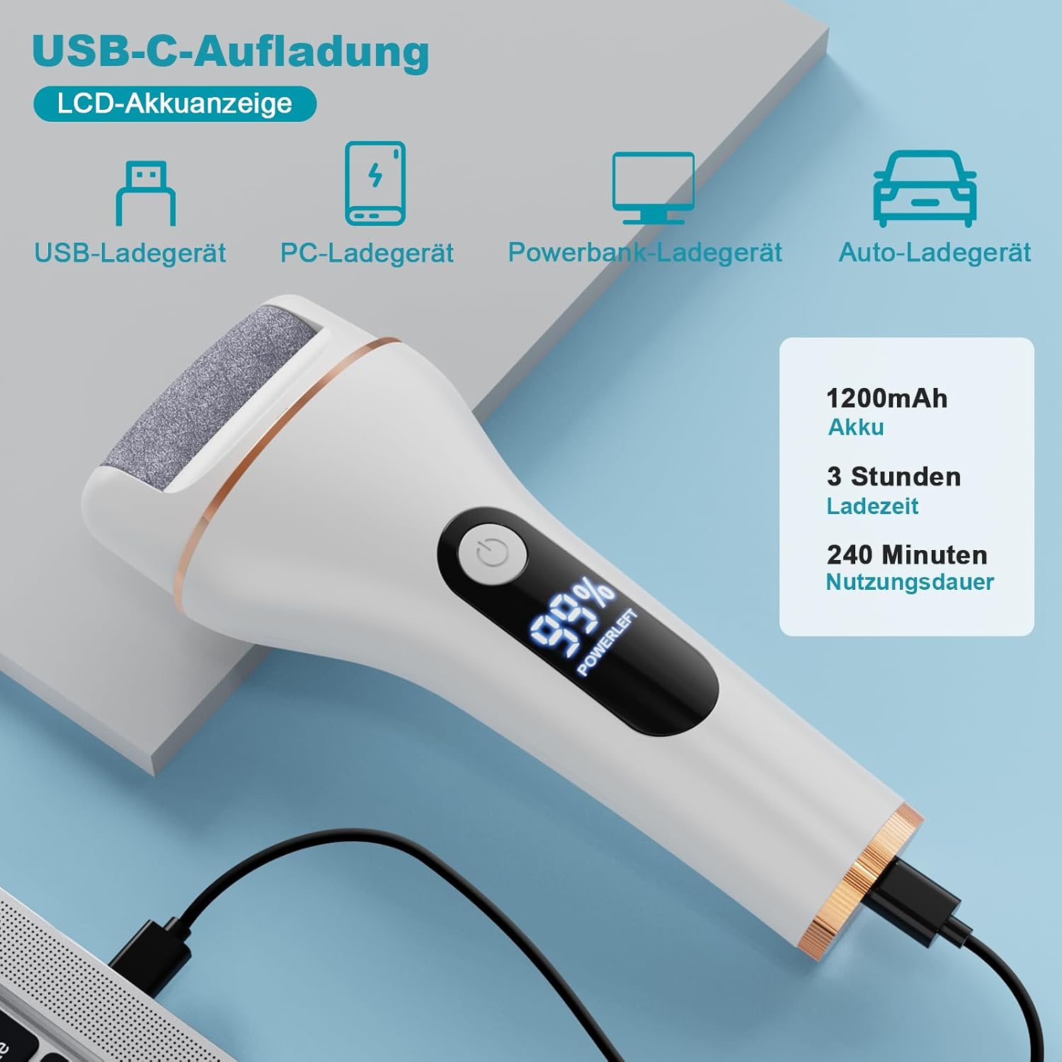 Detalle de Hornhautentferner Elektrisch – IPX7 Fußraspel mit 2 Geschwindigkeiten, USB-Aufladung und 19-in-1 Zubehör