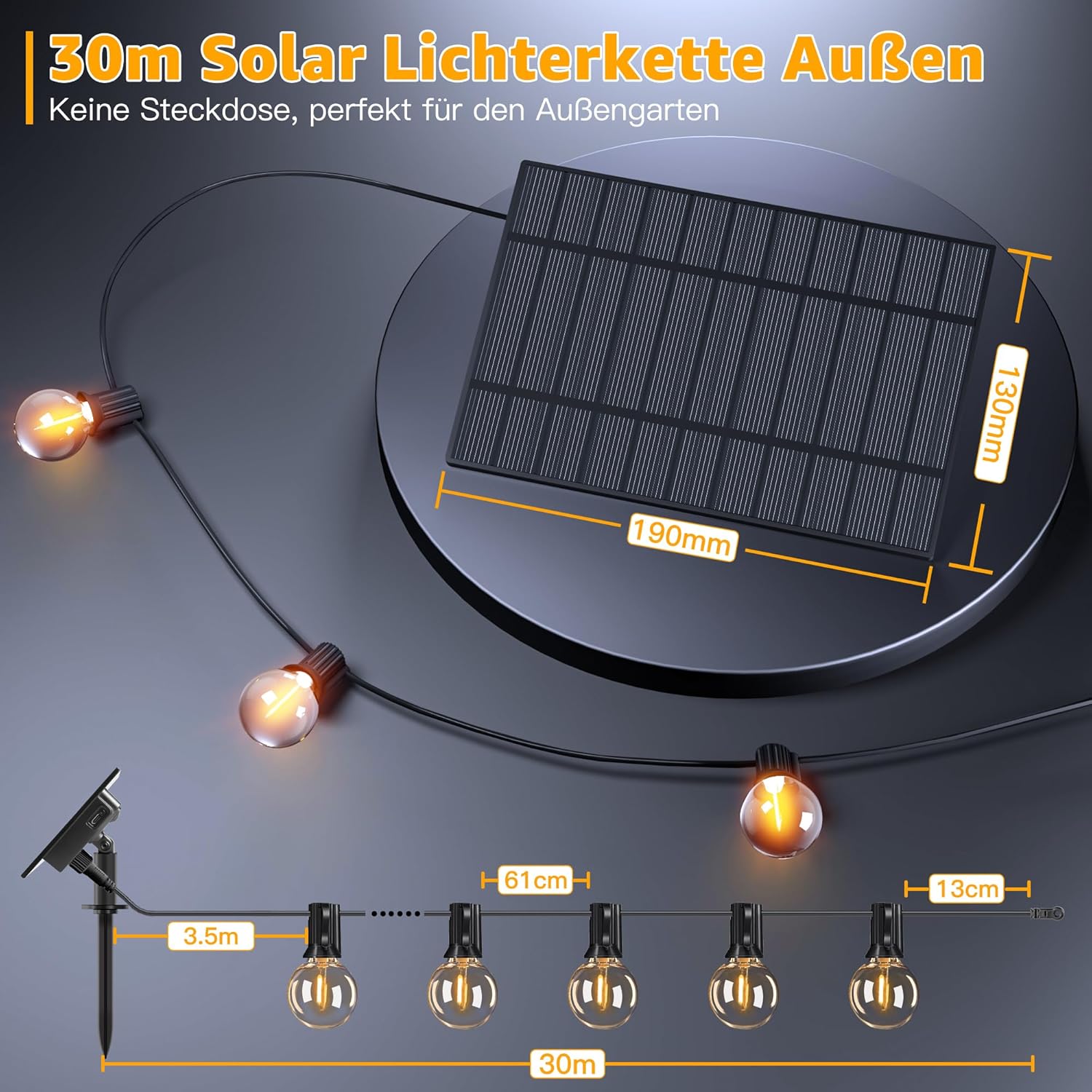Thumbnail 3 de Ollny Solar Lichterkette Außen 30M – 50+2 LED-G40 mit Fernbedienung, IP65 & Timer