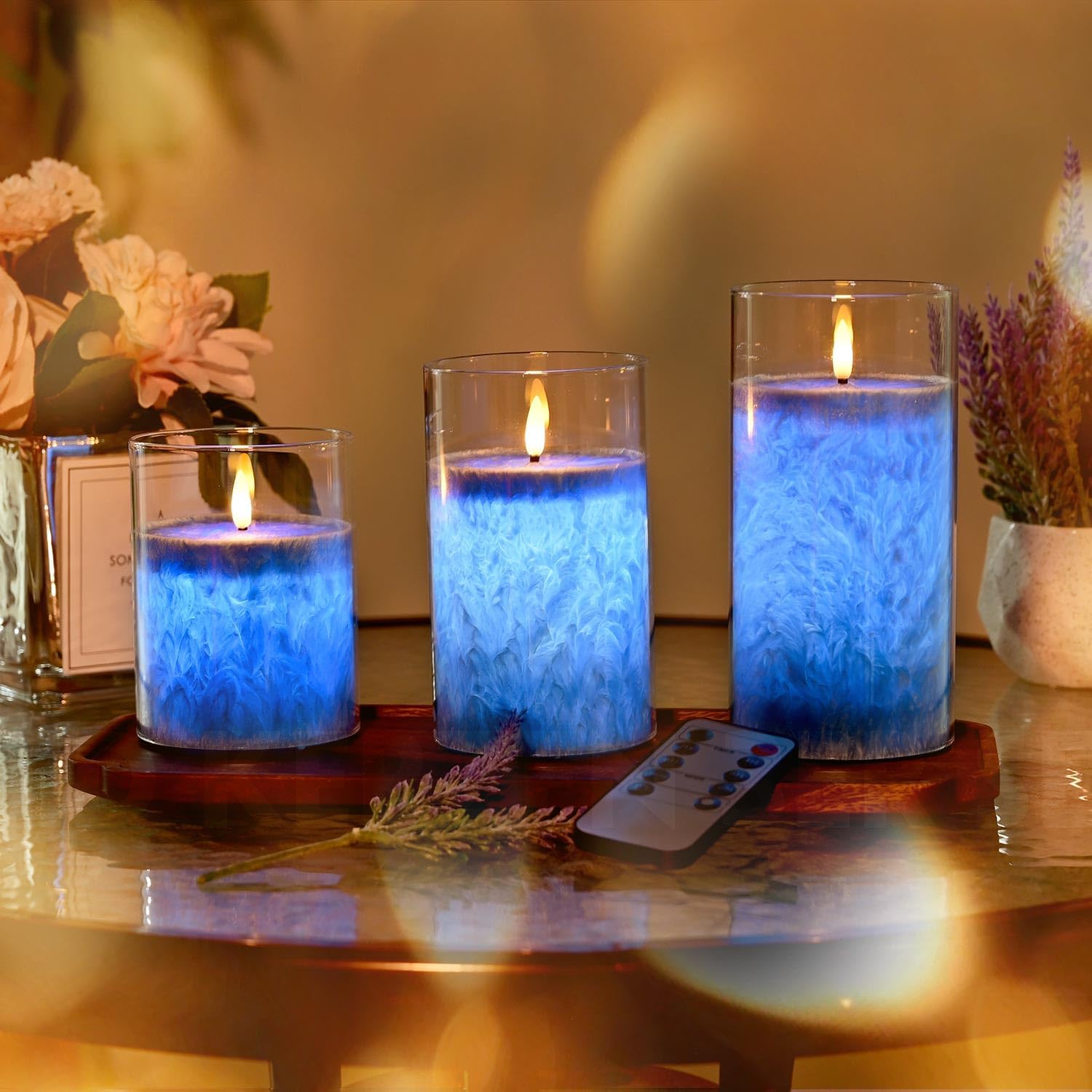 Detalle de SLVCREK LZD003 ledkaarsen van echte was, set van 3 met blauwe glazen houder