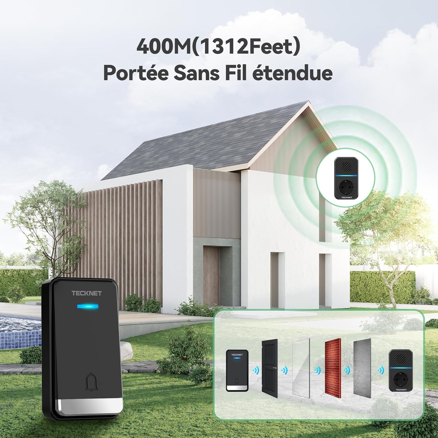 Thumbnail 2 de TECKNET Sonnette sans Fil 400M avec prise USB, IP65 et mémoire – Carillon extérieur sans piles