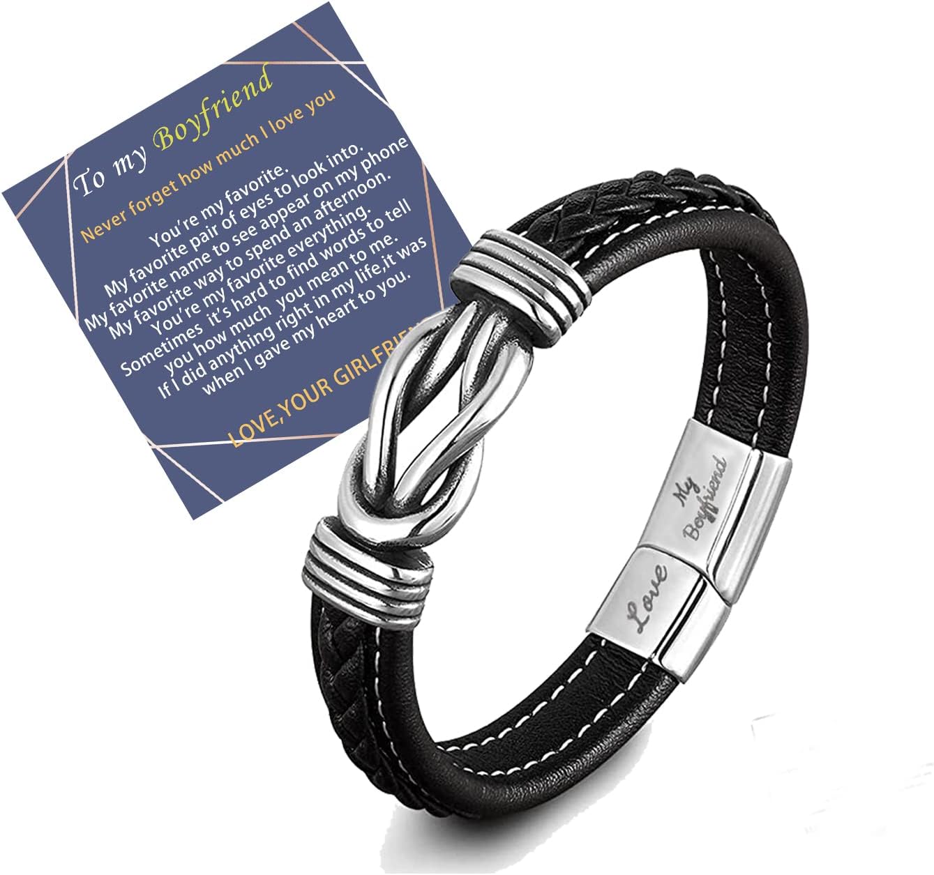 Detalle de Leather braided bracelet with stainless steel clasp for men – “Love My Boyfriend” engraved gift