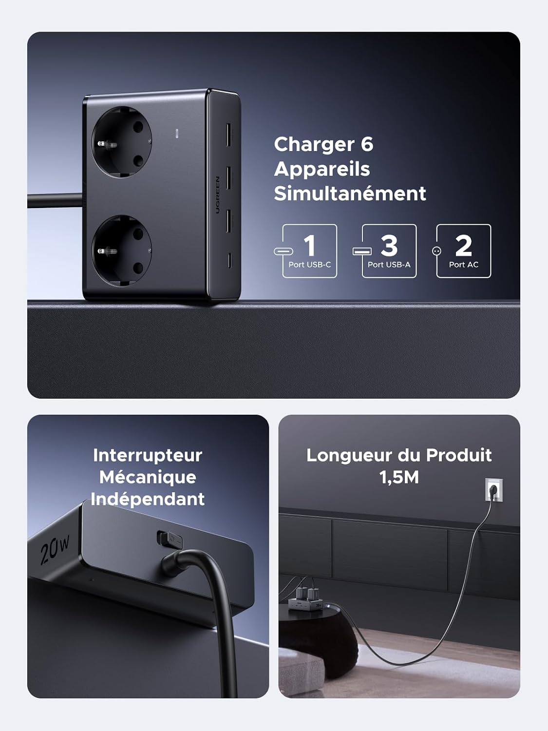 Detalle de UGREEN 45035 6-in-1 stekkerdoos, 3680 W, 2 stopcontacten en 4 USB-poorten