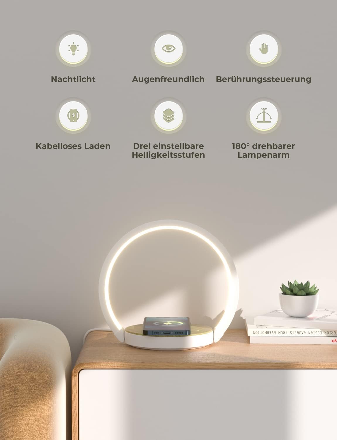 Thumbnail 1 de VOSFEEL Nachttischlampe mit Ladefunktion (Touch, dimmbar, 3 Helligkeitsstufen, drehbarer Arm) – Wireless Charger 15W