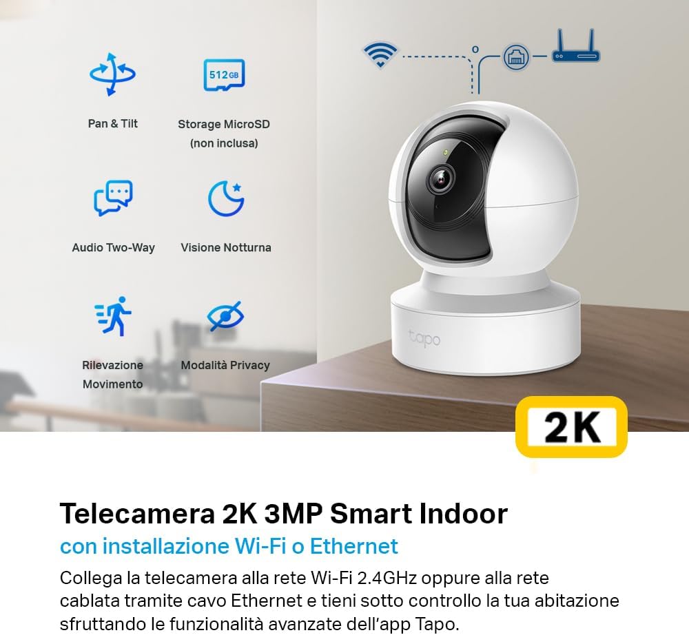 Detalle de Tapo C212: Telecamera WiFi Interna 2K 3MP con Pan/Tilt, visione notturna e controllo vocale