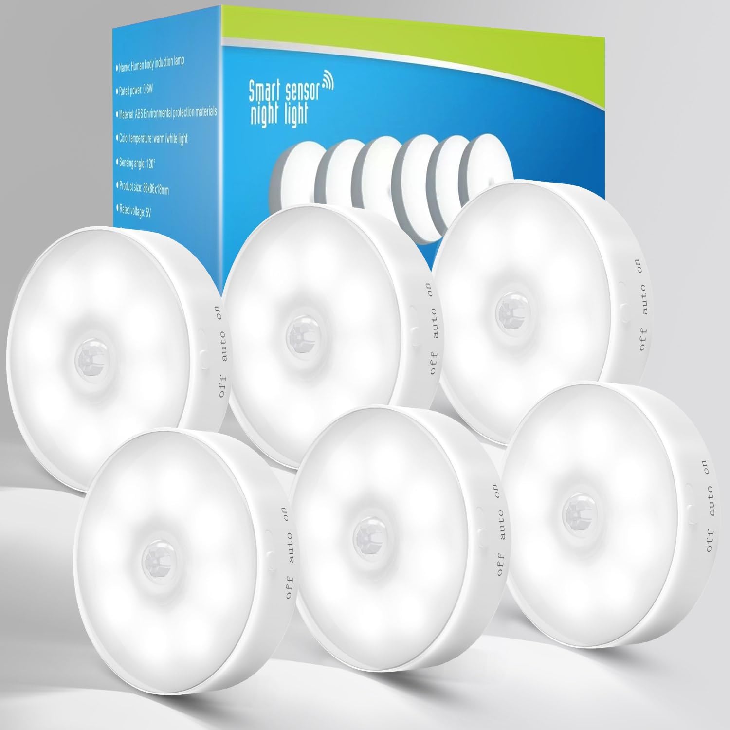 Detalle de Motion Sensor Lights Indoor, 6 Pack: USB Rechargeable Cupboard & Stair Lights with Magnetic Attachment