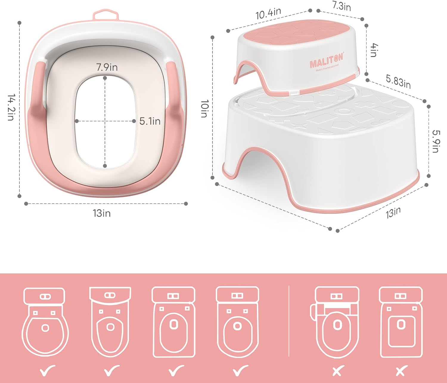 Detalle 2 de Maliton Toddler Toilet Seat with 2 Step Stool (Pink) – Anti-Slip, Handles & Splash Guard for 1–8 Years