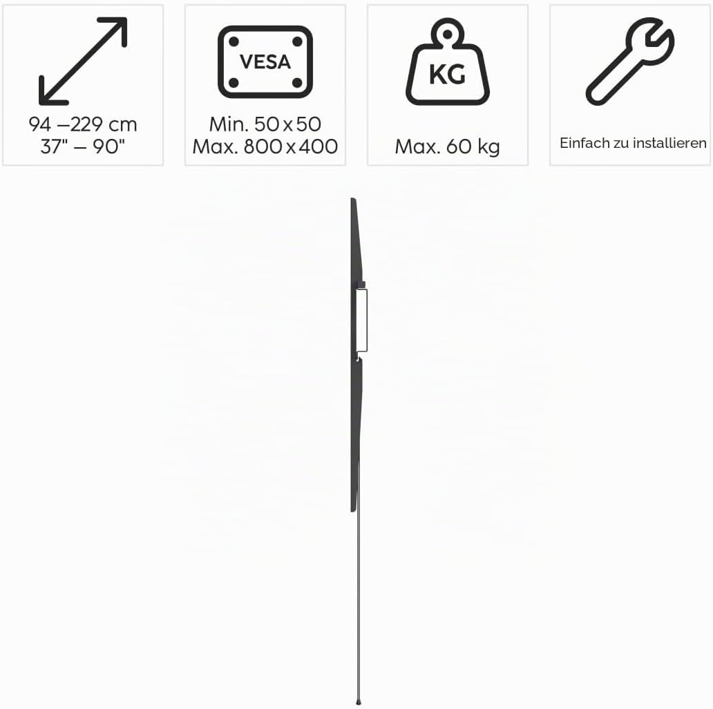 Detalle 2 de Hama TV Wandhalterung starr, extra flach – für 37 bis 90 Zoll, VESA 50x50 bis 800x400, bis 60 kg (schwarz)