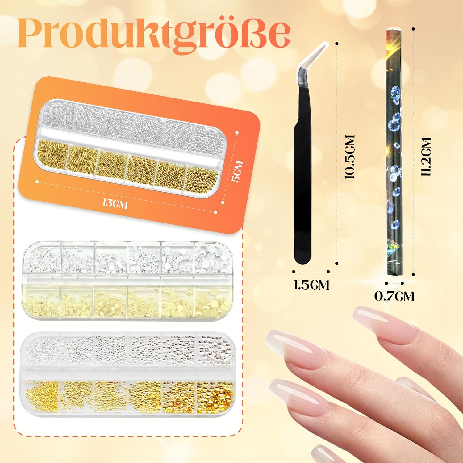 Detalle de Scettar 3er Set Nailart Perlen, Strasssteine & Glitzersteine – Gold/Silber, 0,6–5 mm, 3D Nageldesign & DIY