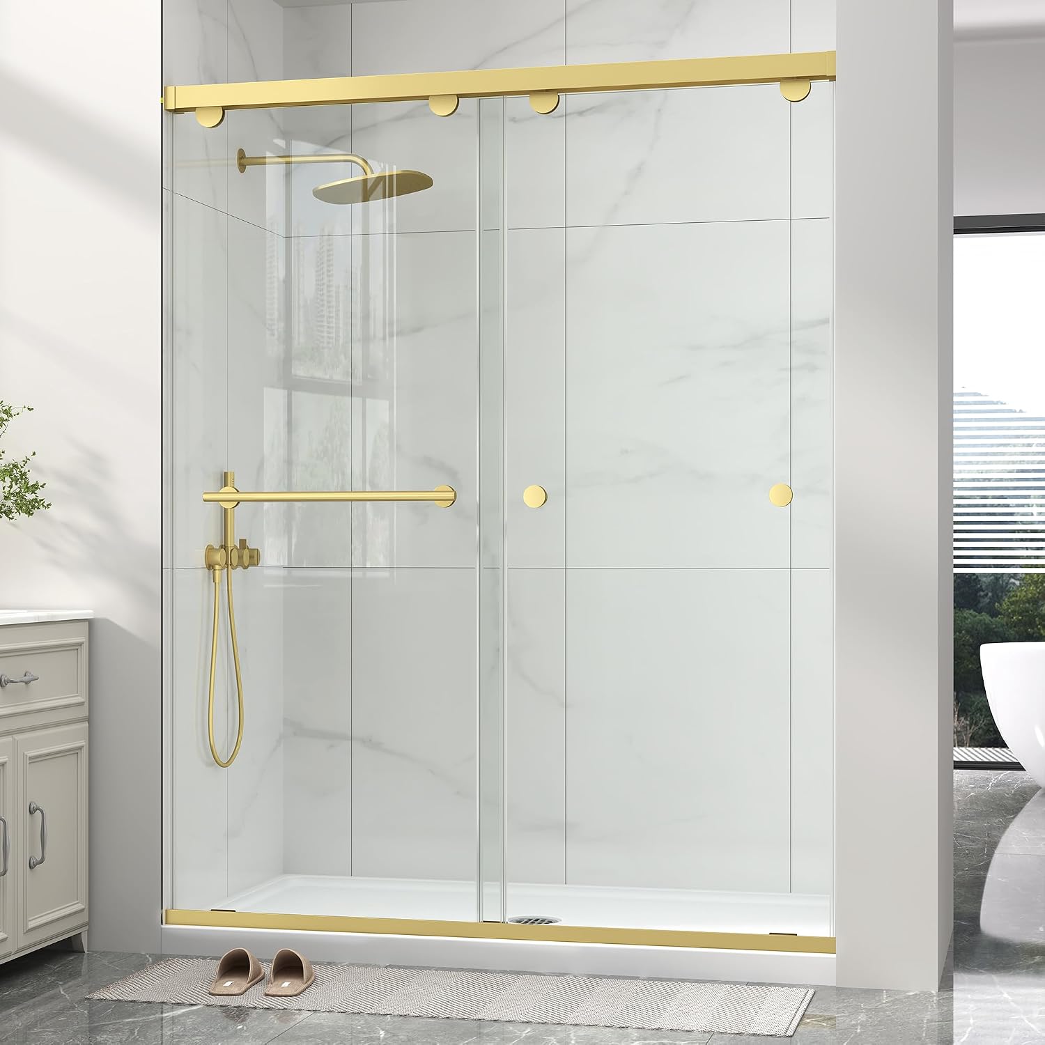 Detalle de EPDXLXM Frameless Double Sliding Shower Door, 55–60-Inch Width