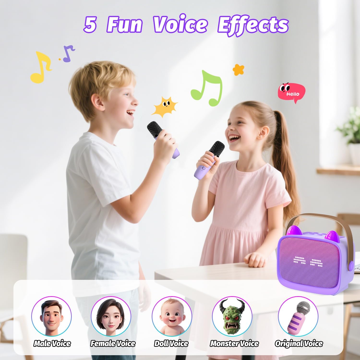 Thumbnail 4 de Mini Karaoke Machine Toys Gifts for Kids with 2 Wireless Microphones and LED – Portable MP3 Player