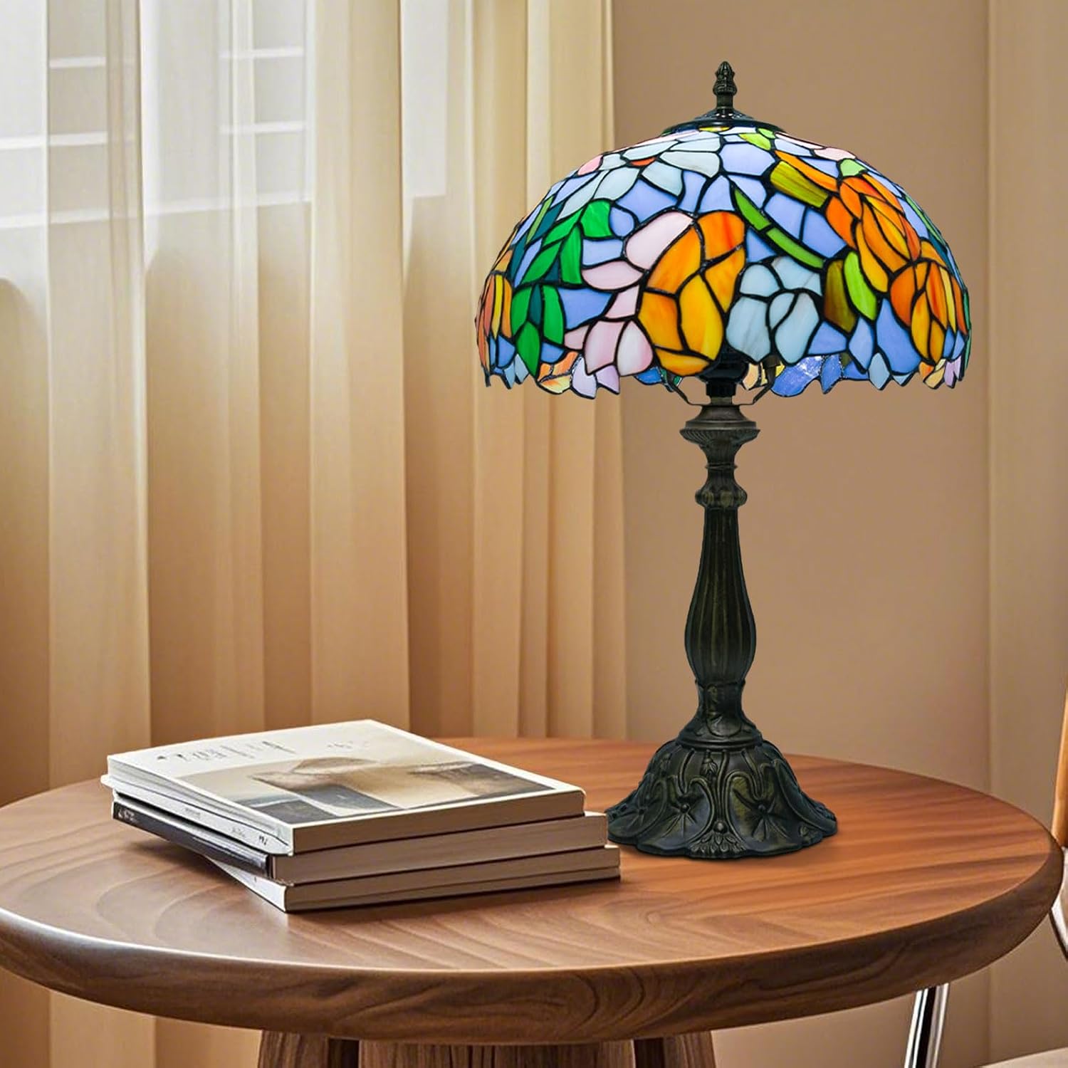 Detalle de Ppbmocw Tiffany Style Glass Table Lamp with Remote Control (Flowers in Full Bloom) – 12 Inch Shade, 18.8 Inch Overall Height